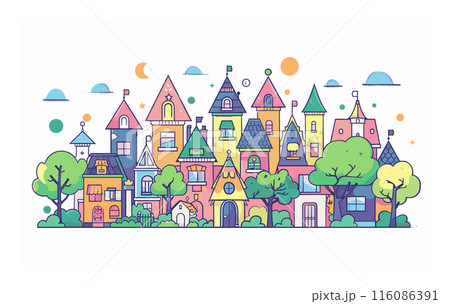 Colorful row whimsical fantasy houses surrounded lush green trees under sky dotted stars celestial bodies. Quaint village scene conveys magical, fairytale atmosphere array pastel colors, playful 116086391