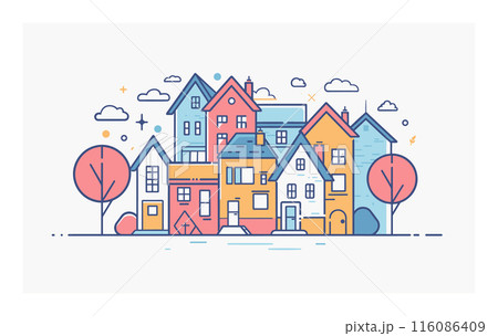 Colorful townhouses lined up create friendly neighborhood scene, house displays unique features, colors, design elements windows doors. Skies above eclectic architecture decorated clouds small 116086409