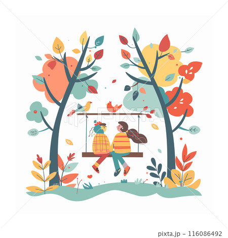 Couple enjoying swing autumn park, colorful trees leaves, birds around, happy facial expressions, casual wear, love romance. Autumnal scene couple swinging together, serene natural setting, birds 116086492