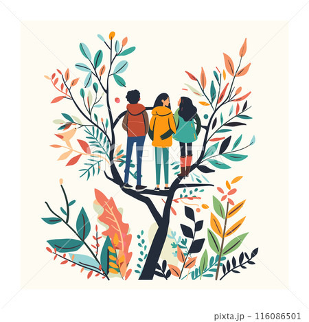 Three individuals standing branches stylized tree surrounded colorful leaves, depicting friendship teamwork. Persons unrecognizable, dressed casually, engrossed nature, observing elevated position Three individuals standing branches stylized tree surrounded colorful leaves, depicting friendship teamwork. Persons unrecognizable, dressed casually, engrossed nature, observing elevated position 116086501