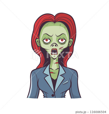 Female zombie wearing business suit looks surprised. Cartoon zombie businesswoman vampire red hair green skin. Animated undead character professional attire, shocked expression Female zombie wearing business suit looks surprised. Cartoon zombie businesswoman vampire red hair green skin. Animated undead character professional attire, shocked expression 116086504