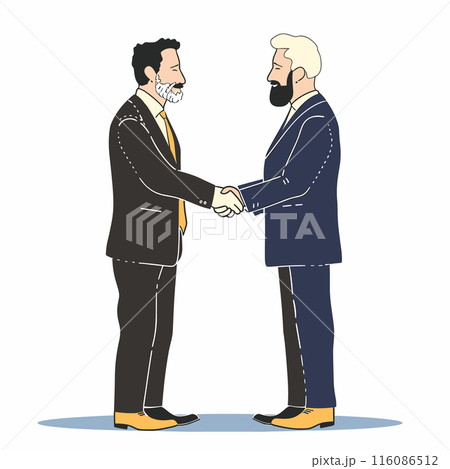 Two men business handshake agreement partnership. Male professionals blue navy suit yellow tie engaging firm handshake office. Adult businessmen formal wear shaking hands success negotiation Two men business handshake agreement partnership. Male professionals blue navy suit yellow tie engaging firm handshake office. Adult businessmen formal wear shaking hands success negotiation 116086512