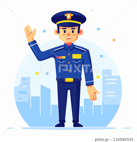 Young male police officer saluting, wearing blue uniform, cityscape background. Friendly policeman salute gesture, professional law enforcement character, safety, security city scene. Cartoon Young male police officer saluting, wearing blue uniform, cityscape background. Friendly policeman salute gesture, professional law enforcement character, safety, security city scene. Cartoon 116086592