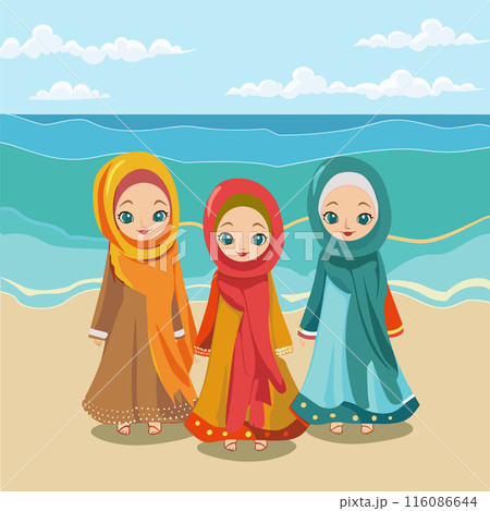 Three young girls wearing colorful hijabs walking together sunny beach, sand underfoot, ocean waves background. Children smiling, holding hands, enjoying seaside stroll, warm climate attire. Ethnic Three young girls wearing colorful hijabs walking together sunny beach, sand underfoot, ocean waves background. Children smiling, holding hands, enjoying seaside stroll, warm climate attire. Ethnic 116086644