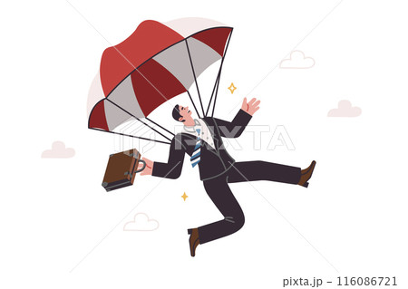 Business man falls down with parachute, using insurance to survive crisis and avoid bankruptcy Business man falls down with parachute, using insurance to survive crisis and avoid bankruptcy 116086721