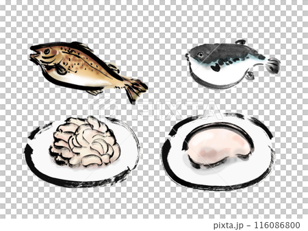 Hand-drawn Japanese-style brush illustration material of cod and puffer fish milt 116086800