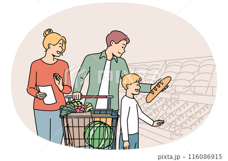 Happy family is shopping in supermarket, standing with trolley near shelves with fresh bread Happy family is shopping in supermarket, standing with trolley near shelves with fresh bread 116086915