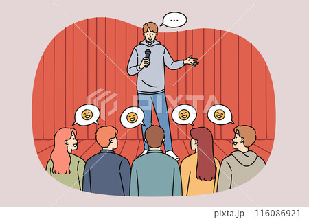 Man stand-up comedian performs in front audience, telling jokes from stage and making people laugh Man stand-up comedian performs in front audience, telling jokes from stage and making people laugh 116086921