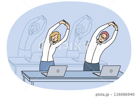 Office workers do exercises standing at workplaces and stretching arms up to increase productivity 116086940
