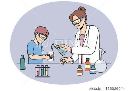 Woman teacher of chemistry teaches boy to conduct laboratory experiments and mix reagents Woman teacher of chemistry teaches boy to conduct laboratory experiments and mix reagents 116086944