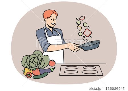 Man cook stands at stove and prepares romantic dinner of fried vegetables for beloved woman Man cook stands at stove and prepares romantic dinner of fried vegetables for beloved woman 116086945