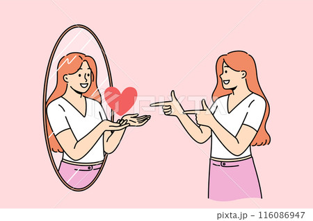 Woman with high self-esteem looks in mirror and sees reflection with heart as metaphor for self-love Woman with high self-esteem looks in mirror and sees reflection with heart as metaphor for self-love 116086947