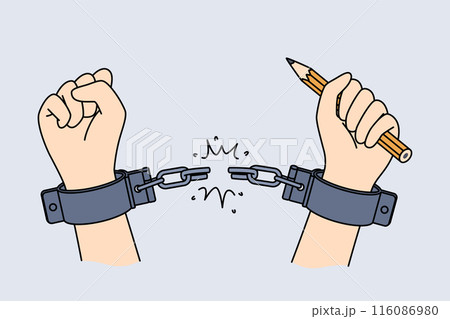 Hands of handcuffed reporter at moment liberation, holding pencil to write investigative journalism Hands of handcuffed reporter at moment liberation, holding pencil to write investigative journalism 116086980