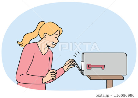 Woman with smile opens street mailbox with letters and rejoices in receiving correspondence Woman with smile opens street mailbox with letters and rejoices in receiving correspondence 116086996