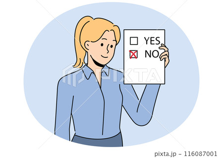 Woman voter demonstrates ballot for presidential elections or referendum with chosen answer no 116087001