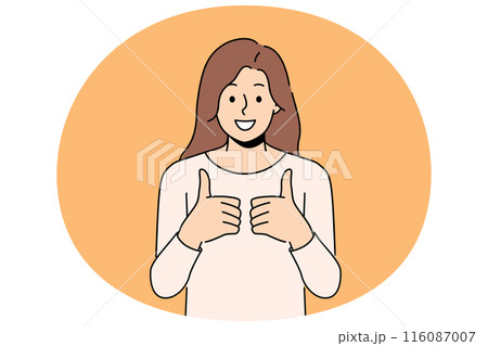 Woman with smile gives two thumbs up in agreement with your proposed course of action 116087007