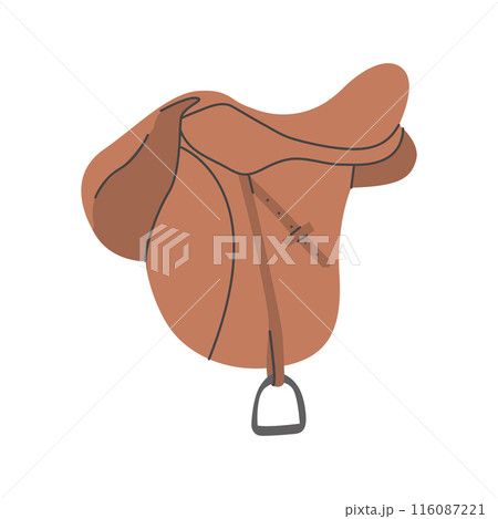 English Horse Saddle. Equestrian tack. Equine sports. Horse stables equipment. Vector illustration colored flat hand drawn isolated on white background. 116087221