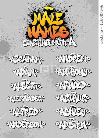 Male names starting with A in graffiti style. Vector illustration set. Male names starting with A in graffiti style. Vector illustration set. 116087946