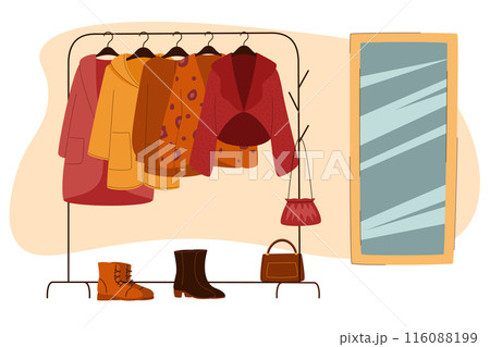 Hallway concept, women outerwear on a hanger and shoes, a mirror hanging Hallway concept, women outerwear on a hanger and shoes, a mirror hanging 116088199