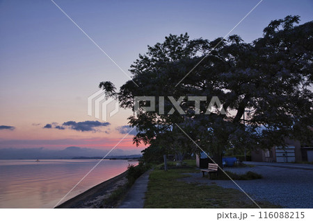 夜明けの琵琶湖畔とあのベンチ　横構図25 116088215