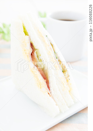 おいしいハムたまご野菜サンドとホットコーヒーのモーニング 116088226