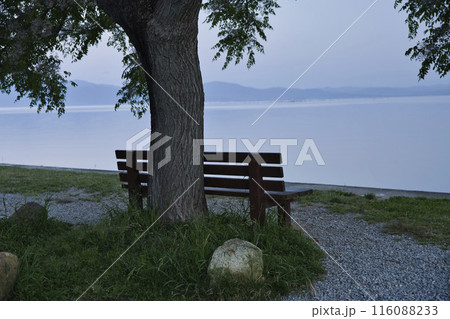 夜明けの琵琶湖畔とあのベンチ 横構図34 夜明けの琵琶湖畔とあのベンチ 横構図34 116088233