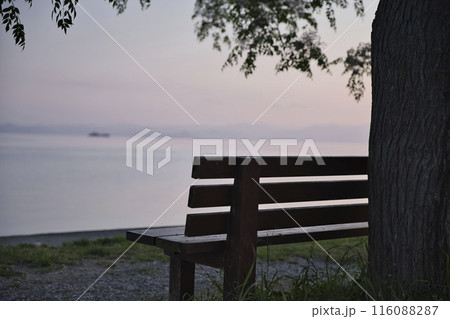 夜明けの琵琶湖畔とあのベンチ　横構図53 116088287