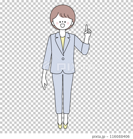 Illustration of a woman in a suit giving directions with a smile 116088406