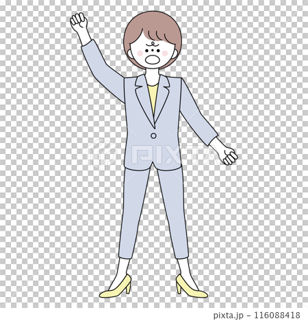 Illustration of an angry woman in a suit with her fist raised Illustration of an angry woman in a suit with her fist raised 116088418