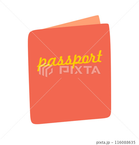 Cute cartoon style passport with Lettering. Doodle Identification Document. Flat Vector illustration Isolated on White background. International Document for Travelling, Airport control, Business. Cute cartoon style passport with Lettering. Doodle Identification Document. Flat Vector illustration Isolated on White background. International Document for Travelling, Airport control, Business. 116088635