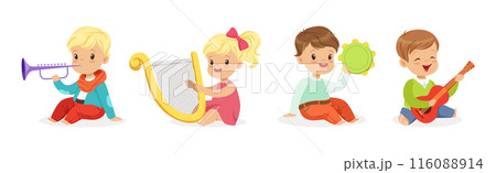 Little Kids Playing Musical Instrument Vector Illustration Set 116088914