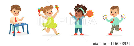 Little Kids Playing Musical Instrument Vector Illustration Set 116088921