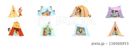 Cute Little Children Playing with Teepee Tent Vector Set 116088953