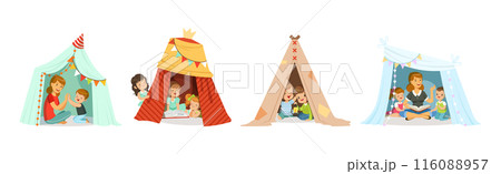 Cute Little Children Playing with Teepee Tent Vector Set 116088957