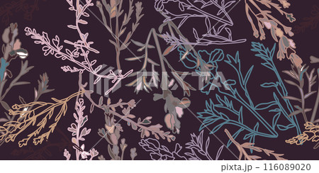 Stylized seamless pattern featuring hand-drawn herbs and leaves in various muted colors on a dark background. Stylized seamless pattern featuring hand-drawn herbs and leaves in various muted colors on a dark background. 116089020