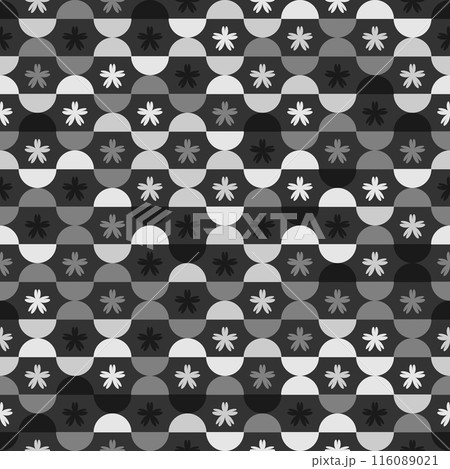 Black and white geometric design with circles and asterisks in various shades, forming a seamless pattern Black and white geometric design with circles and asterisks in various shades, forming a seamless pattern 116089021
