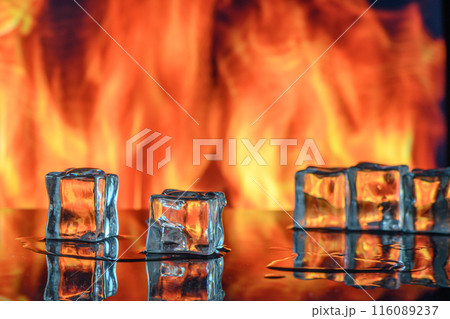 three ice cubes against the background of fire, fire and ice, place under the text 1 three ice cubes against the background of fire, fire and ice, place under the text 1 116089237