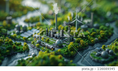 mini city on green grass, tiny houses and buildings on the lawn. windmills, houses in tiny miniature. country mini 116089345
