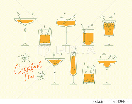 Cocktails time set with glasses in retro style yellow 116089403