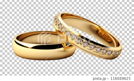 Elegant gold wedding rings with a round diamond setting exchanged by the bride and groom in a love-filled wedding ceremony, adding sophistication and love to the celebration. AI Generated 116089625