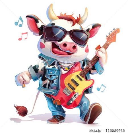 Cool Rocking Cow Playing Electric Guitar in Sunglasses and Denim Outfit Cool Rocking Cow Playing Electric Guitar in Sunglasses and Denim Outfit 116089686