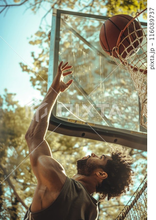 Young Man Dunking Basketball on Outdoor Court in Action Packed Sports Young Man Dunking Basketball on Outdoor Court in Action Packed Sports 116089737