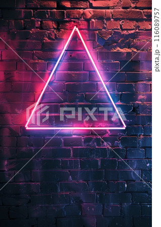 Glowing Neon Triangle on Brick Wall with Trendy Blue and Pink Lighting Glowing Neon Triangle on Brick Wall with Trendy Blue and Pink Lighting 116089757