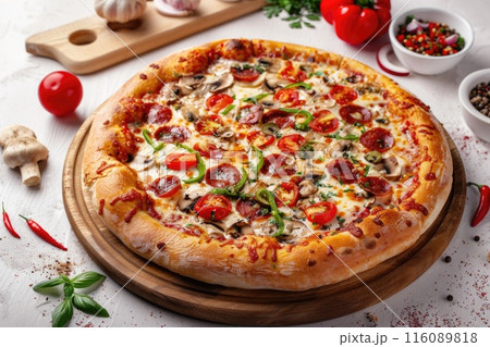 Delicious Pepperoni Pizza with Mushrooms, Basil, and Tomatoes on White Background Delicious Pepperoni Pizza with Mushrooms, Basil, and Tomatoes on White Background 116089818