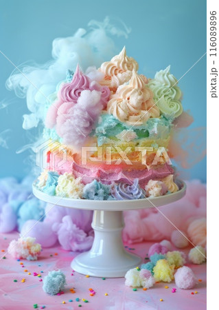 Colorful Rainbow Cake with Cotton Candy Topping on Elegant Stand 116089896