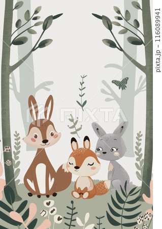 Adorable Woodland Creatures in Autumnal Forest Illustration Adorable Woodland Creatures in Autumnal Forest Illustration 116089941