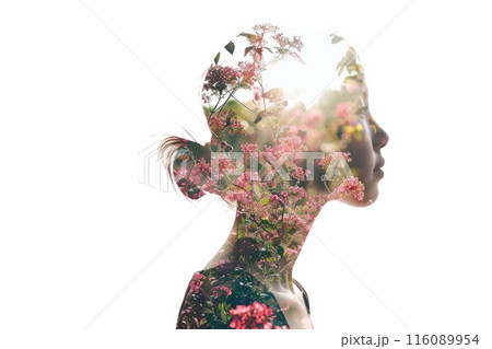 Double Exposure Portrait of Woman Blending with Vibrant Floral Elements Double Exposure Portrait of Woman Blending with Vibrant Floral Elements 116089954