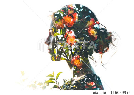 Double Exposure Portrait of Woman Blending with Vibrant Floral Elements 116089955