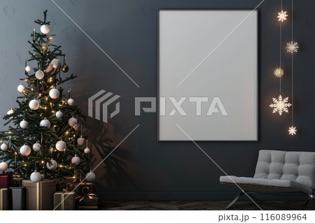 Cozy Winter Interior with Decorated Christmas Tree and Blank Picture Frame Cozy Winter Interior with Decorated Christmas Tree and Blank Picture Frame 116089964