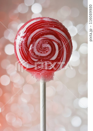 Vibrant Swirled Lollipop on Gleaming Pink Background Vibrant Swirled Lollipop on Gleaming Pink Background 116089980